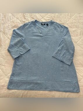 Lands End Linen Blend Tunic Top Womens L Blue V-Neck Coastal Beachy Lagenlook